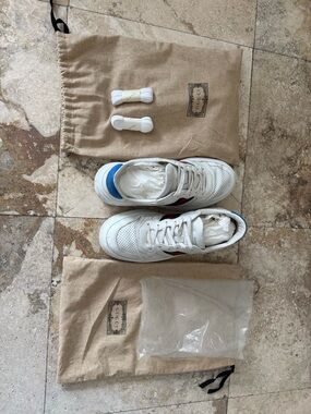 Gucci White Leather Sneakers with Red & Green Web and Blue Heel